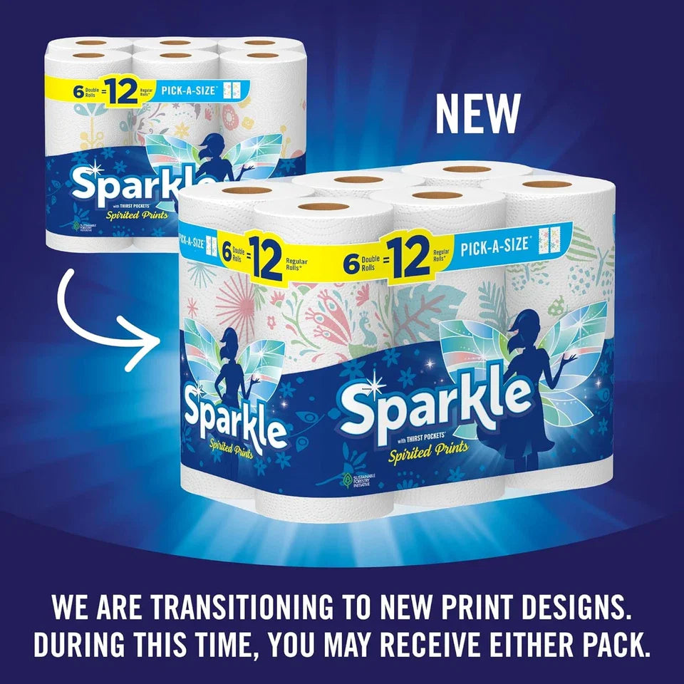 Sparkle Pick-A-Size Paper Towels Spirited Prints 6 Double Rolls = 12 Regula
